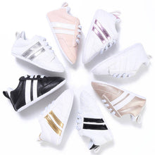 Load image into Gallery viewer, Baby Shoes Boy Girl Solid PU Striped Sneaker Comfort White Shoes New Style Newborn Infant First Walkers Casual Crib Moccasins