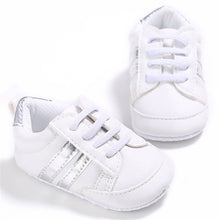 Load image into Gallery viewer, Baby Shoes Boy Girl Solid PU Striped Sneaker Comfort White Shoes New Style Newborn Infant First Walkers Casual Crib Moccasins